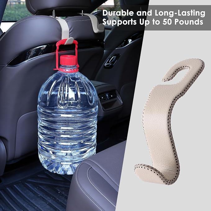 AMVOYOA Leather Car Hooks for Headrest - Fully Leather-Wrapped U-Shaped Purse Holder for Car, Flexible Seat Back Organizer & Durable Car Accessories for Purses, Bags, Coats & More (Beige, 2 Pack) - Image 7