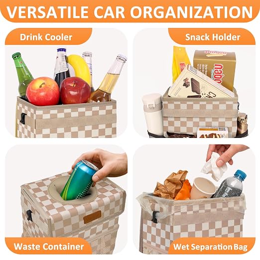 Vankor Car Trash Can with Lid Leak Proof Car Accessories for Women | 2.2 Gallon Cute Hanging Car Trash Bin for Men Car Truck Vehicle Interior Automotive Garbage Cans, Khaki Checkered - Image 6