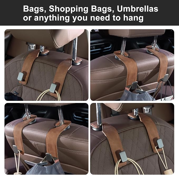 CoBak Headrest Hooks for Car - Universal Premium Stitched Leather and Aluminum-Magnesium Alloy Single Car Seat Back Storage Hook for Purses, Handbags, Bags (2 Pack),Brown - Image 7