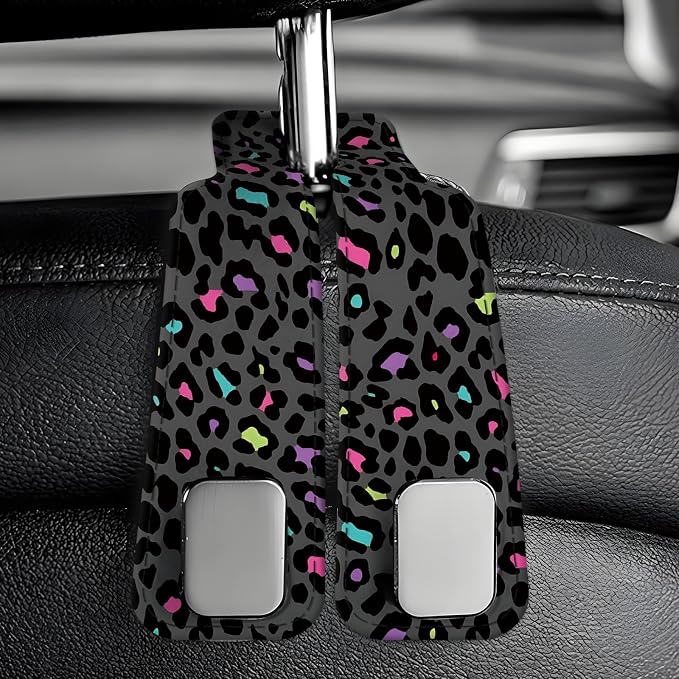 Car Seat Back Storage Headrest Hook, Premium Leather Double Metal Hook, Hanger Storage Organizer for Purse Cloth Bag, Car Interior Accessories Luxury Colorful Leopard - Image 6