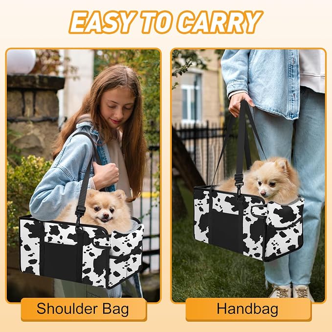 Portable Dog Car Seat for Small Dogs, Puppy Car Seat, Cow Pattern | Booster Seat With Safety Leash & Adjustable Straps Keeps Small Dogs Secure. Removable Washable Cushion. Fits Most Cars. - Image 7