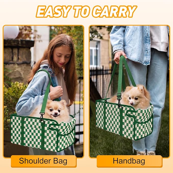 Console Dog Car Seat for Small Dogs, Foldable Booster Seat, Green Checkered | Portable Booster Seat Sits On Car Console/ Armrest. Foldable for Easy Storage. for Center Console, Easy To Clean. - Image 7