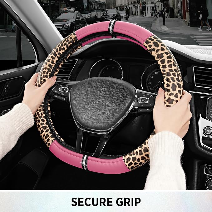 Road Comforts Leopard Steering Wheel Cover for Women, Cute Anti-Slip Microfiber Leather, Fits D Shape Flat Bottom Steering Wheel 14.5-15 Inch - Pink - Image 7