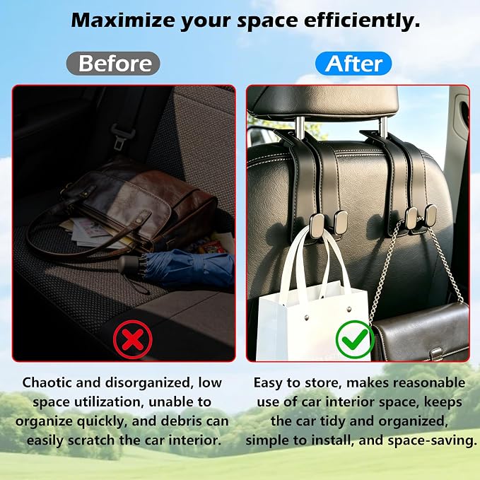 2 Pack Car Hooks for Headrest, Car Purse Hook Seat Back Hanger Storage Organizer, Multifunctional Car Hanger & Holder for Heatrest, Seat, Bag, Purse - Image 6