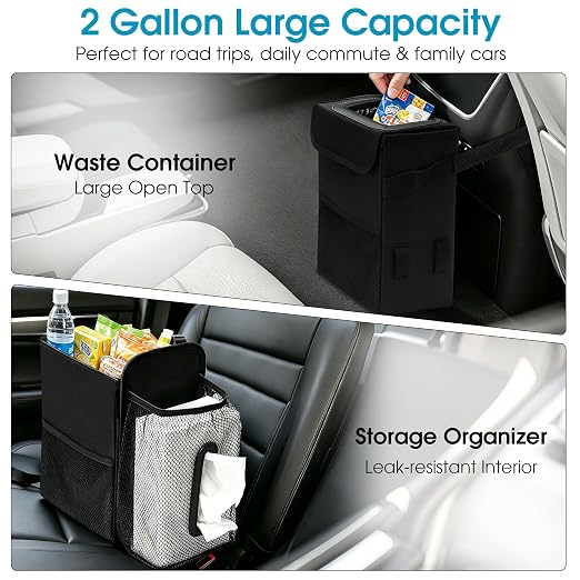 Ryhpez Car Trash Can with Tissue Holder Detachable, Leakproof, Black | Car Garbage Can with Removable Car Napkin Holder, Car Trash Bin with Lid for Headrest, Console, Truck, SUV Car Accessories - Image 7