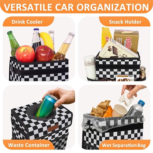 Vankor Car Trash Can with Lid Leak Proof Car Accessories for Women | 3 Gallon Cute Hanging Car Trash Bin for Men Car Truck Auto Interior Automotive Garbage Cans, Black White Checkered - Image 6