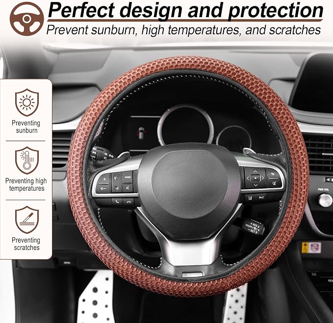 Alpmosn Elastic Stretch Steering Wheel Cover, Breathable Microfiber Ice Silk, Anti-Slip, Easy Carry, Universal Interior Accessories Steering Wheel Cover for Women & Men (Brown-Black) - Image 5