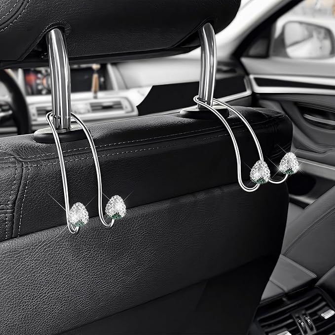 2 PCS Car Headrest Hooks Decorations, Bling Strawberry-Shaped Auto Backseat Hangers, Stainless Steel Purse Hook Diamond Seat Back Storage Holder for Most Cars Trucks SUVs (White) - Image 6