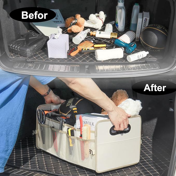 JiatuA Car Trunk Organizer, Car Organizers and Storage Collapsible Multi Compartment Container Box, Adjustable Car Accessories for SUV Sedan Truck, Standard Size, Beige | Sturdy, Large Capacity, Clean Decor, Multi Compartment Container Box, Adjustable ... - Image 9