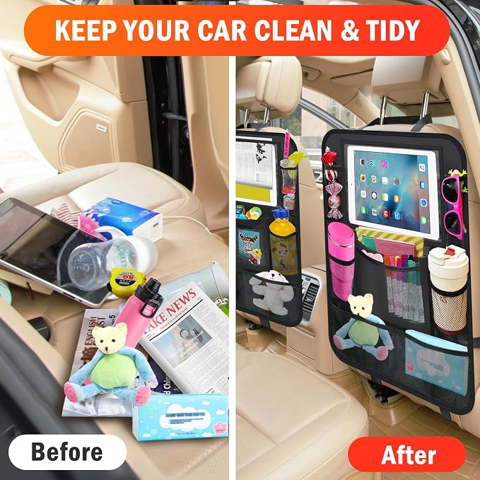 Car Backseat Organizer ,2 Pack Car Organizer Back Seat with 11" Tablet Holder, 10 Storage Pockets Seat Back Protectors Kick Mats for Kids Toddlers, Travel Accessories (Black) - Image 8