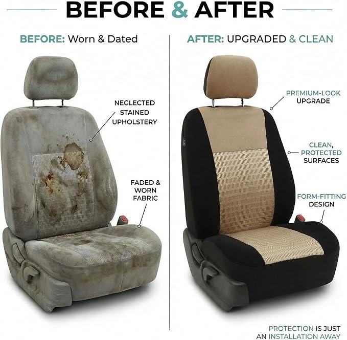 FH Group Universal Car Seat Covers Front Set for SUV Truck Sedan Vans | 3D Textured Breathable Fabric Seat Cover Set Protector with Airbag Compatible Interior Upgrade - Beige - Image 9