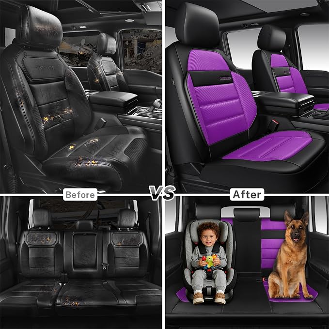 CAR PASS Memory Foam Seat Covers Full Sets, Airy Cool Mesh Thick Car Seat Covers Women, Leather Car Seat Covers 5 Seats Airbag Compatible, Universal Automotive Comfort for Cars, Trucks, SUV, Purple - Image 6