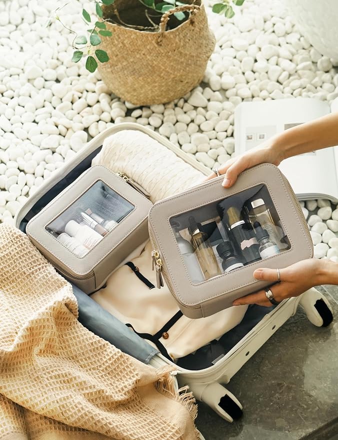 Clear Makeup Bag Set 2 Pack Travel Cosmetic Case Toiletry Bag with Zipper Make Up Case Traveling, Stone, Medium and Large - Image 8
