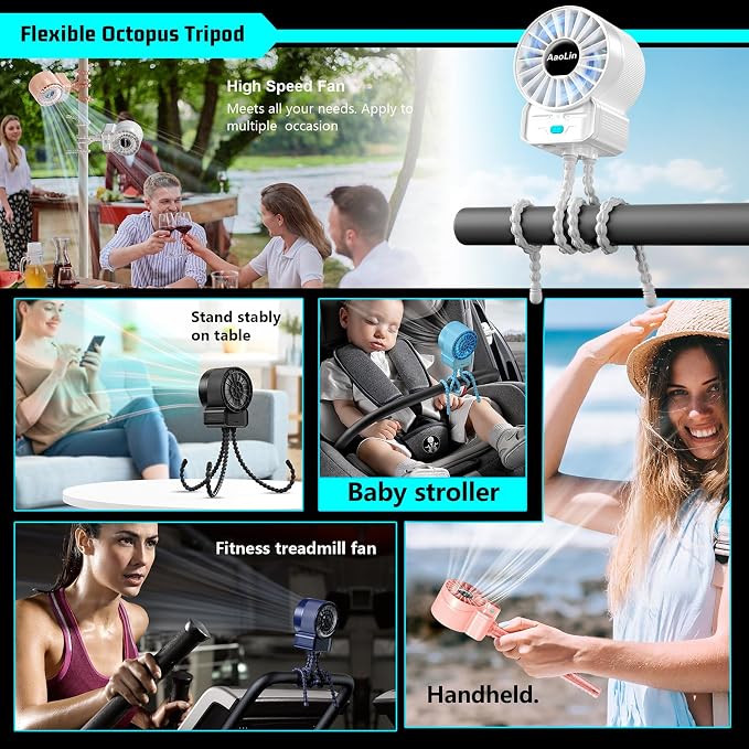 2 Pack Multifunctional Portable Stroller Fan 4 Speed 6600rpm High Speed Usb Rechargeable Personal Mini Handheld Fan Extended Tripod For Desktop Winding Kids Bed Treadmill Bike Golf Cart Outdoor Travel - Image 6