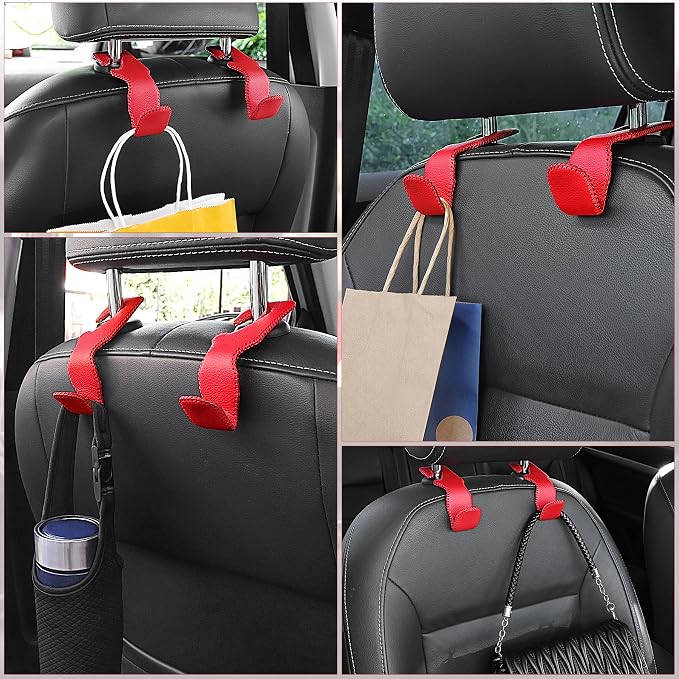 LivTee Red Superior Leather Car Seat Back Headrest Hook, Auto Seat Hook Hangers Interior Accessories for Purse Coats Umbrellas Grocery Bags Handbag, 2-Pack - Image 6