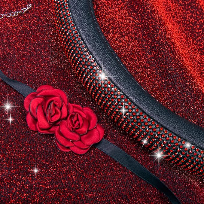 CAR PASS Red Diamond Black Leather Steering Wheel Cover, with Bling Crystal Rhinestones Universal Fit 14" 1/2-15" Crystal Glitter for Women Sparkle Girl Fit Suvs,Vans,Sedans,Cars,Trucks, Red Diamond - Image 9
