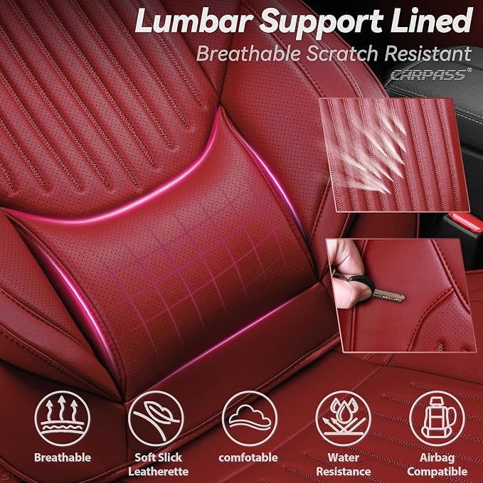 CAR PASS Luxury Nappa Leather Car Seat Covers Full Set, Lumbar Support Seat Covers for Car 5 Seats, Waterproof Car Seat Protector, Automotive Seat Covers Universal Fit for Sedans SUV Trucks Burgundy - Image 6