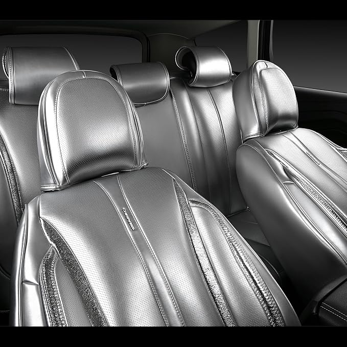 CAR PASS Ultra+ Nappa Leather Car Seat Covers Full Set Universal Cushioned, Soft Breathable Waterproof Anti-Slip Driver Seats and Backrest for SUV Pick-up Truck Sedan, 5 Seats Margiela Solid Silver - Image 9