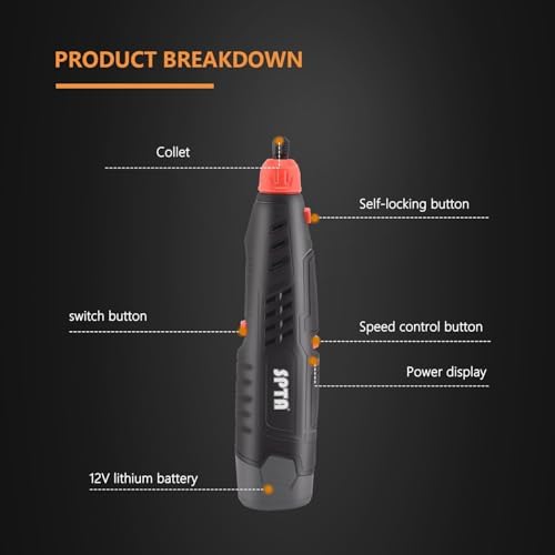 Cordless Rotary Tool, SPTA Powerful Mini Detail Polisher Kit, 36Pcs 12V Li-ion Battery 5,000-25,000 RPM Micro Auto Detailing Car Polisher Polishing Foam Pad Set for Buffing Polishing Sanding Cleaning - Image 2