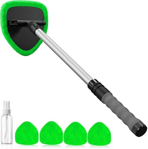 desin Windshield Cleaning Tool, Car Window Cleaner Windshield Cleaner with 4 Reusable and Washable Microfiber Pads and Extendable Handle Auto Inside Glass Wiper Kit (Green) by DESIN