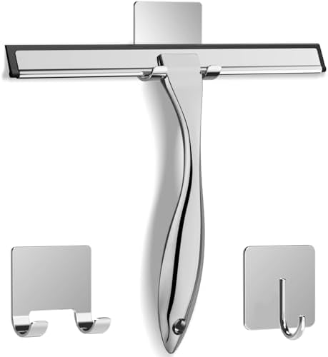 All-Purpose Stainless Steel Shower Squeegee for Shower Glass Door with 2 Adhesive Hooks, Bathroom Cleaner Tool Household Window Mirror Squeegee , Cleaning Tile Wall, Car, 10 Inch Silver by DOCROK