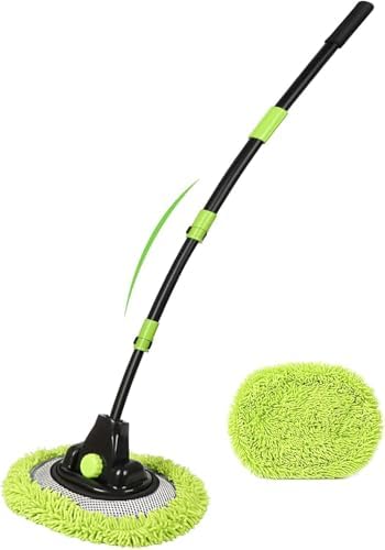 57'' Car Wash Brush with Long Handle Chenille Microfiber Car Wash Kit Mitt Retractable Bent Pole Car Wash Mop for Cars RV Truck Boat (Green-2) by NEZENO