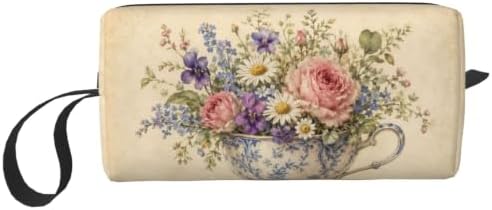 Teacup Small Makeup Bag, 600D Oxford Cosmetic Pouch for Women | Teacup Cosmetic Bag and Toiletry Pouch with Double-Sided Print and Foam Padding for Women, Travel, Gym, Weekend and Daily Use by OLUSENMO