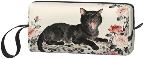 Yawning Black Cat Roses Makeup Bag for Women with Wrist Strap | Durable 600D Oxford Fabric Cosmetic Organizer,Compact Travel Pouch with Handle for Gym & Daily Use - Image 2