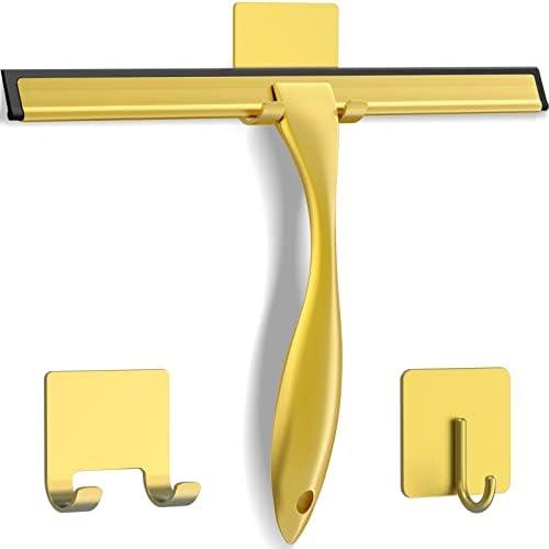 All-Purpose Stainless Steel Shower Squeegee for Shower Doors with 2 Adhesive Hooks, Bathroom Cleaner Tool Household Window Mirror Squeegee for Home Cleaning, Glass Door, Tile Wall, Car, 10 Inch Golden by DOCROK