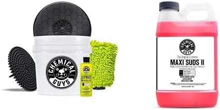 Chemical Guys CWS_101_64BK Car Wash Detailing Bucket, Mitt & Accessories Bundle (6 Items) Featuring Maxi-Suds II Foaming Car Wash Soap 64 oz (.5 Gal) Cherry Scent - Works on Cars, Trucks, SUVs, & More by ChemicalGuys