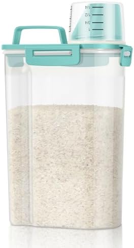 TBMax Rice Storage Container 3 to 5 Lbs - Small Pet Dog Cat Food Container Dispenser with Easy Pouring Spout & Cup, Portable Cereal Container for Small Spaces, Travel, or Daily Use -Cyan by TBMax
