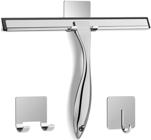 All-Purpose Stainless Steel Shower Squeegee for Shower Doors with 2 Adhesive Hooks, Bathroom Cleaner Tool Household Window Mirror Squeegee for Home Cleaning, Glass Door, Tile Wall, Car, 12 Inch Silver by DOCROK