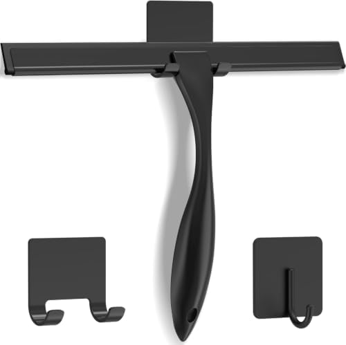 All-Purpose Stainless Steel Shower Squeegee for Shower Doors with 2 Adhesive Hooks, Bathroom Cleaner Tool Household Window Mirror Squeegee for Home Cleaning, Glass Door, Tile Wall, Car, 10 Inch Black by Unknown