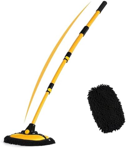 57'' Car Wash Brush with Long Handle Chenille Microfiber Car Wash Kit, Mitt Retractable Bent Pole Car Wash Brush for Cars RV Truck Boat (Light Yellow) by NEZENO