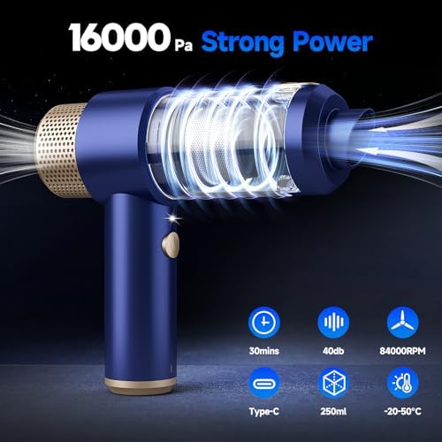 Vizeusvac Car Vacuum Cleaner, 16000PA Mini Car Vacuum Cordless Powerful, 7 in 1 Portable Handheld Vacuum Cordless with LED Light, Dual Filters, One-Touch Empty for Pet Hair, Home, Office - Image 3