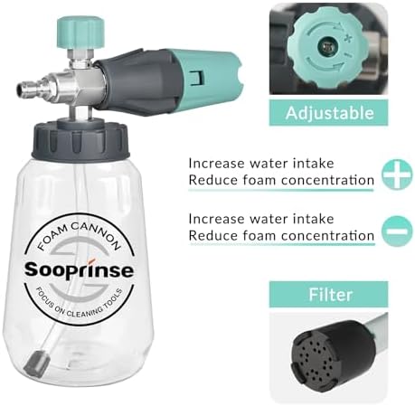 Sooprinse Short Pressure Washer Gun with Foam Cannon, High Pressure Washer Gun Snow Foam Lance with 1/4 Inch Quick Connector, 5 Nozzle Tips with Car Wash Mitt, 3000 PSI, 1 Liter - Image 3