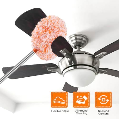 Ceiling Fan Cleaner Duster Reusable Microfiber Ceiling Fan Blade Cleaner Removable Duster with Extension Pole Adjusts 13 to 49.7 Inch for Cleaning Walls Furniture Door Window Top (Orange White) - Image 2