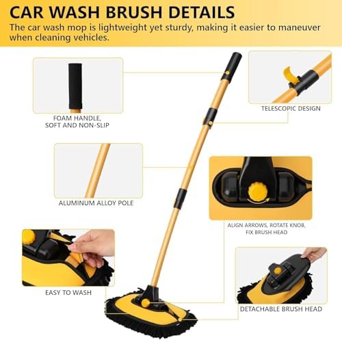 43'' Car Wash Brush with Long Handle Chenille Microfiber Car Wash Kit Mitt Retractable Bent Pole Car Wash Mop for Cars RV Truck Boat (yellow-01) - Image 2
