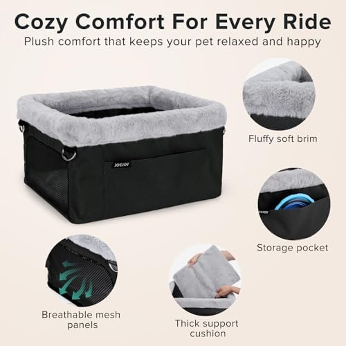 JOEJOY Deluxe Dog Booster Seat with Sturdy Metal Frame and Safety Leash for Small Pets up to 20 lbs - Portable Puppy Dog Car Seat with Thick Cushion and Storage Pockets for Small Dogs, Black - Image 3