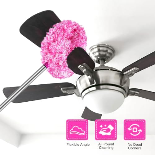 Ceiling Fan Cleaner Duster Reusable Microfiber Ceiling Fan Blade Cleaner Removable Duster with Extension Pole Adjusts 13 to 49.7 Inch for Cleaning Walls Furniture Door Window Top (Rosy White) - Image 2