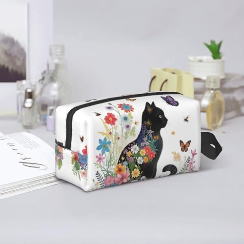 Floral Cat Silhouette Makeup Bag - Durable 600D Oxford Fabric Travel Cosmetic Bag, Shockproof Foam Padded Toiletry Organizer for Gym & Daily Use 10x6.2x4.9 Inch - Image 7