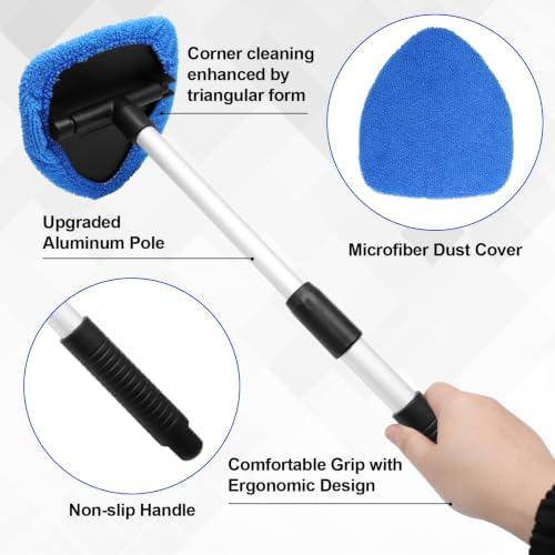 Uenhoy 13 Pcs Car Window Cleaning Kit, Windshield Cleaner Tool with Extendable Handle, 8 Microfiber Pads & 2 Spray Bottles & Brush, Auto Glass Wiper for Car and Home Window Cleaner, Blue - Image 5