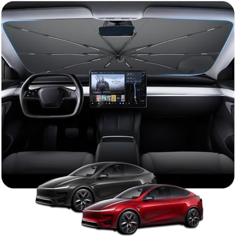 for Car Windshield Sunshade Umbrella 2026 Tesla Model 3/Model Y Custom Fit Windshield Sun Protector Cover 6-Layer Heat-Resistant Fabric, Ultra-Strong Fiberglass Frame (for Tesla Model 3/Model Y) by BSTW