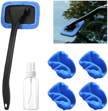 Car Windshield Cleaning Tool, Microfiber Vehicle Window Cleaner with 5 Washable Reusable Cloth Pad & 1 Spray Bottle, Automotive Glass Wiper Cleaning Kit Accessories, Universal Fit (Blue) by Ywdiml