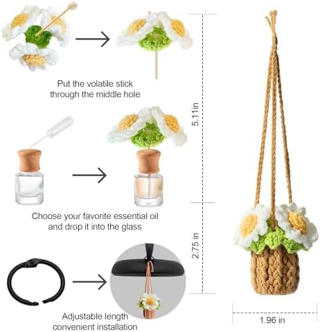 Crochet Car Air Freshener Holder Daisy Hanging Plant for Car Accessories - Image 4