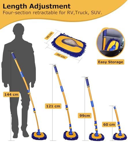 anngrowy 56.7" Car Wash Brush Mop Kit Mitt Sponge with Long Handle Car Cleaning Supplies Kit Tools Car Washing Duster Exterior Scratch Free, Chenille Replacement Head Extension Pole - Image 4
