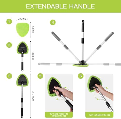 Qydipclin 7pcs Windshield Cleaner Tool Car Window Cleaning Wash Kit with 4 Reusable Microfiber Pads 1 Spray Bottle and Extendable Handle Auto Glass Wiper Kit, Green - Image 4