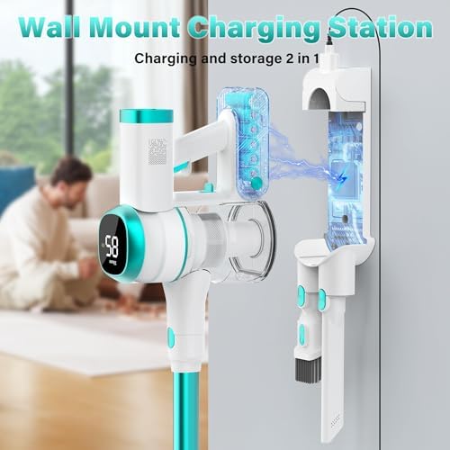 Tikom V500 Cordless Vacuum Cleaner for Home, 40000Pa/450W Stick Vacuum with LED Touch Screen, Charging Wall Dock, Anti-Tangle, Lightweight Handheld Vacuum for Pet Hair, Hard Floor, Carpet, Blue - Image 4