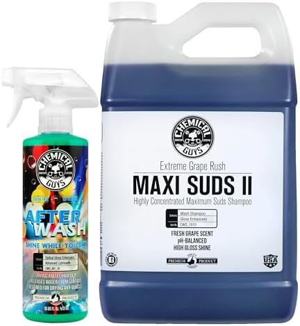 Chemical Guys CWS_1010A Car Wash, Dry & Shine Bundle - Maxi-Suds II Foaming Car Wash Soap, 128 oz (1 Gallon, Grape Scent) + After Wash Gloss Boosting Drying Aid (16 oz) (2 Items) by ChemicalGuys