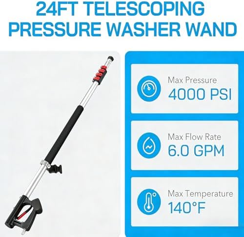 Hourleey 24 FT Telescoping Pressure Washer Wand, Power Washer Extension Wand with Brush Head, Gutter Cleaner, 3 Curve Wands, Adjustable Support Belt, Pivoting Coupler, 7 Spray Nozzles, 4000 PSI - Image 3